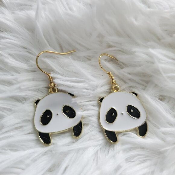Gold Panda Face Earrings, Wildlife Jewelry - Picture 3 of 7